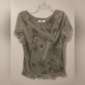 Studio One Blouse Size 12 Lined Short Sleeve Olive Green Brown Geo Dot Print